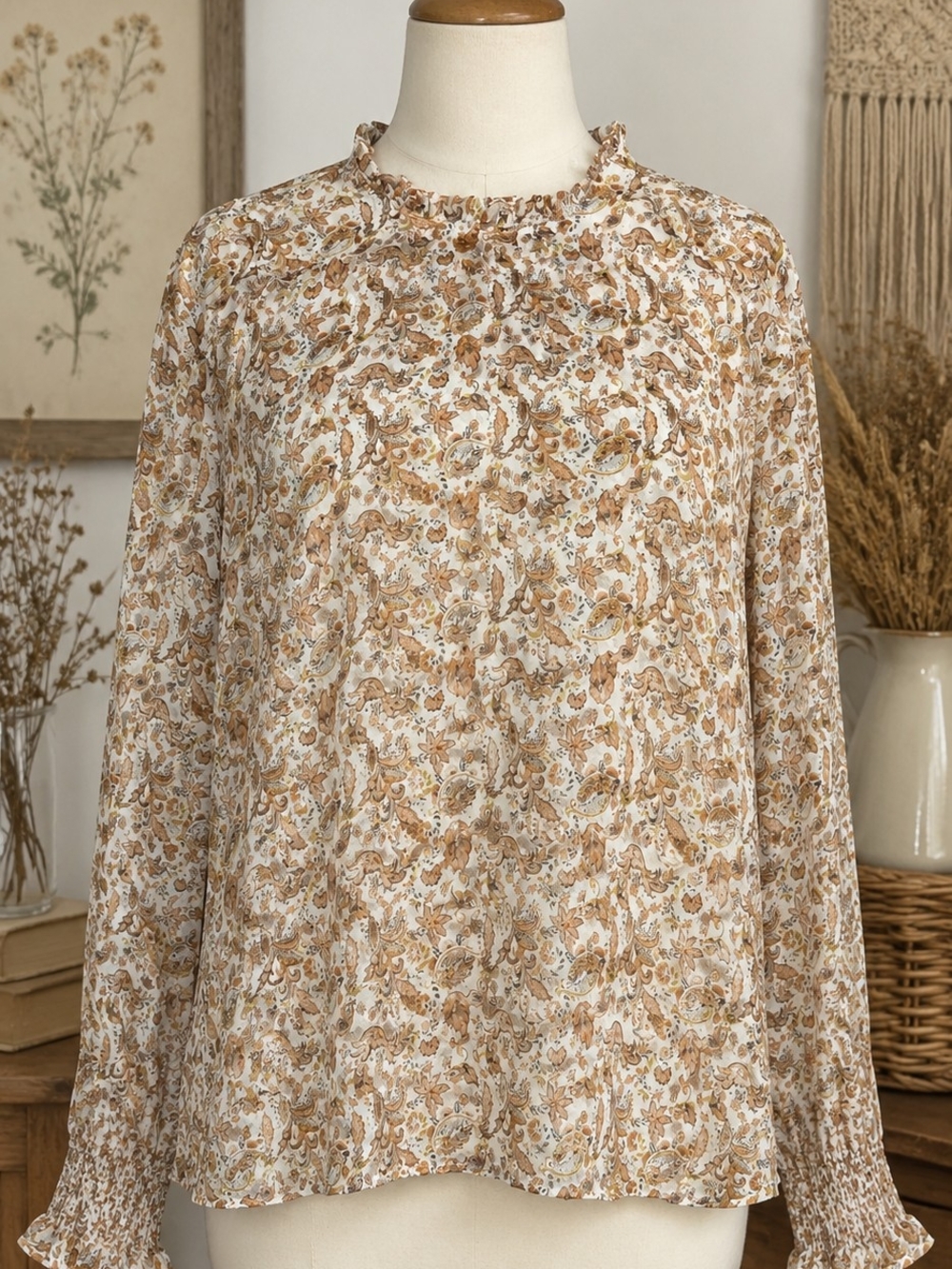 Ruffled Neck Floral Blouse - Cream & Brown